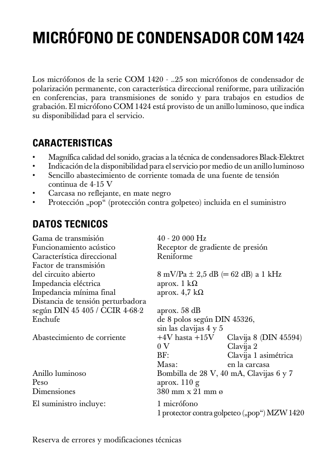 Sennheiser 20230 manual Micrófono DE Condensador COM, Caracteristicas, Datos Tecnicos 