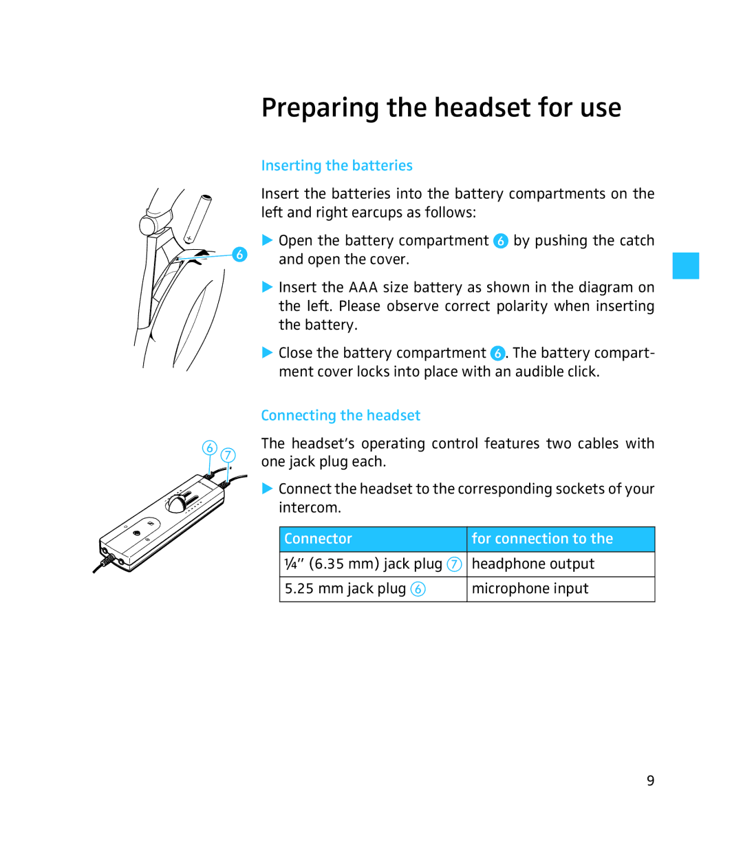 Sennheiser 250 instruction manual Preparing the headset for use, Inserting the batteries, Connecting the headset 