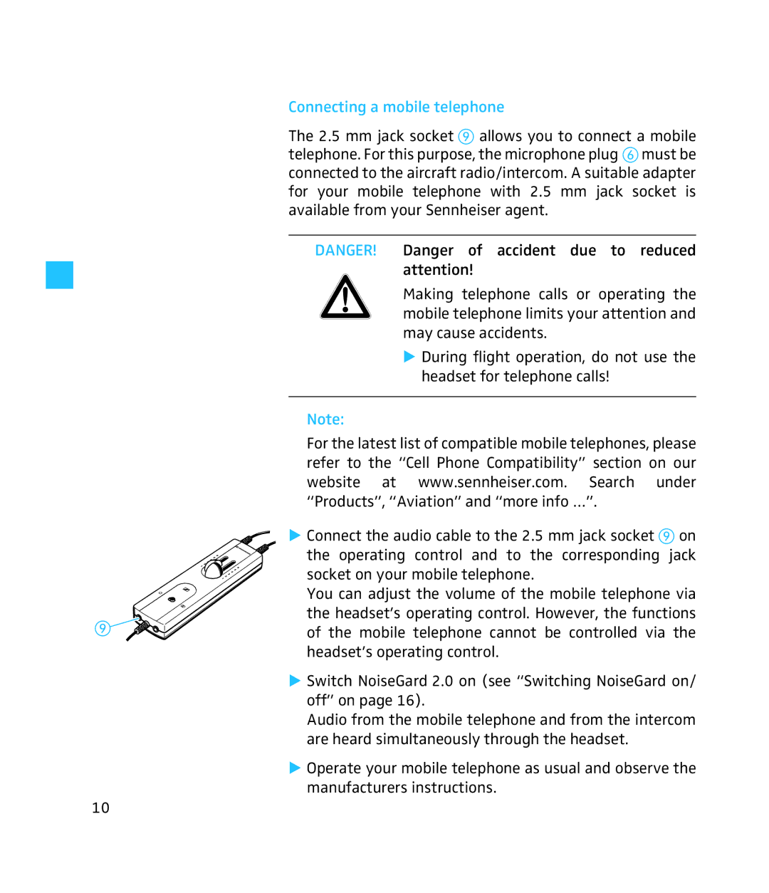 Sennheiser 250 instruction manual Connecting a mobile telephone 