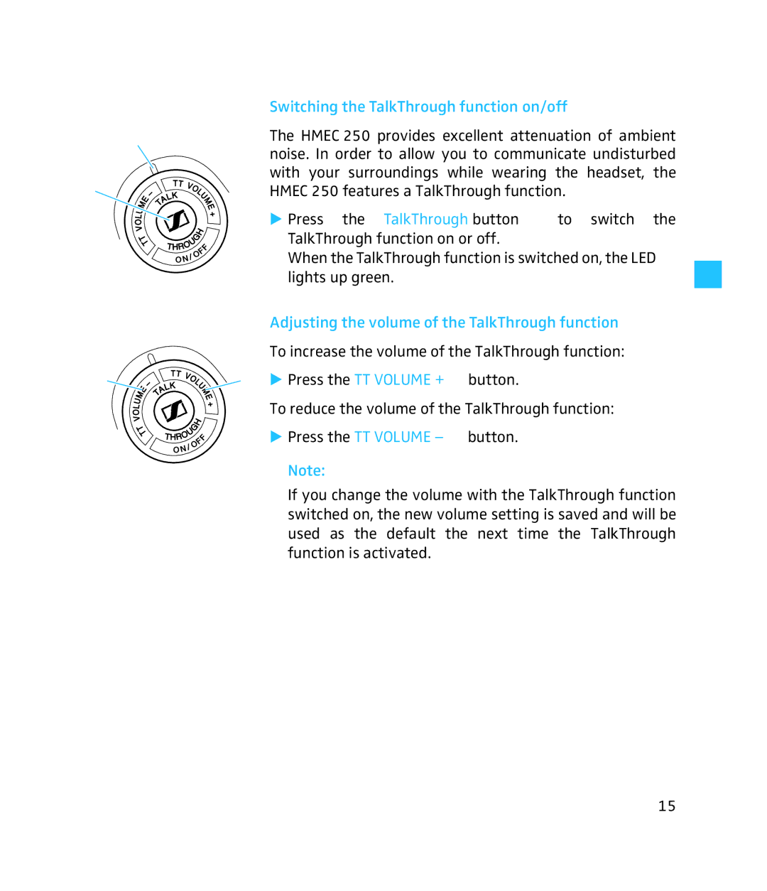 Sennheiser 250 Switching the TalkThrough function on/off, Adjusting the volume of the TalkThrough function 