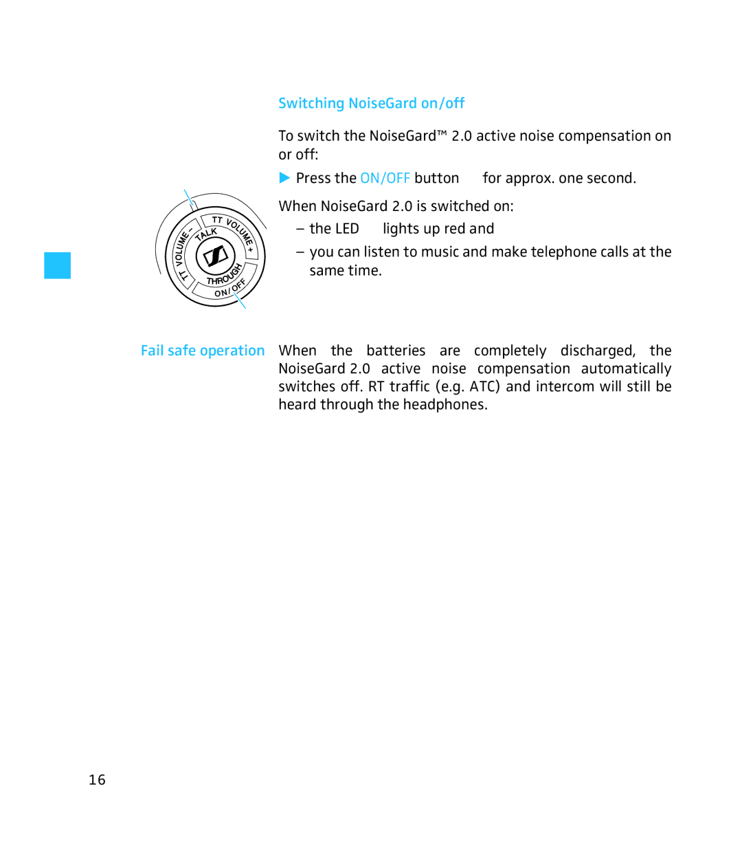 Sennheiser 250 instruction manual Switching NoiseGard on/off 