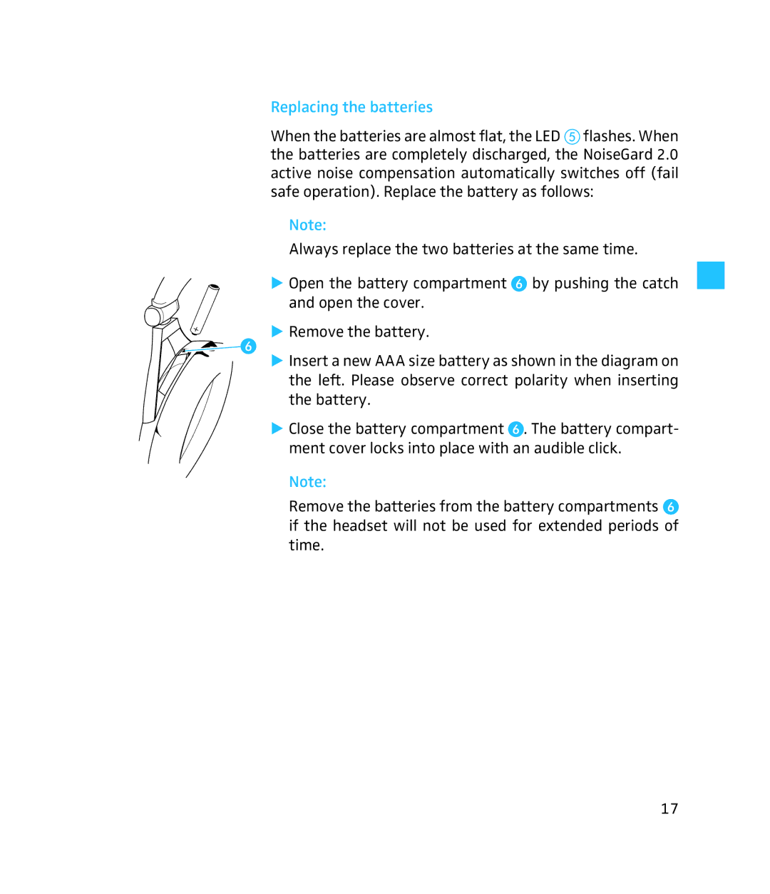 Sennheiser 250 instruction manual Replacing the batteries 