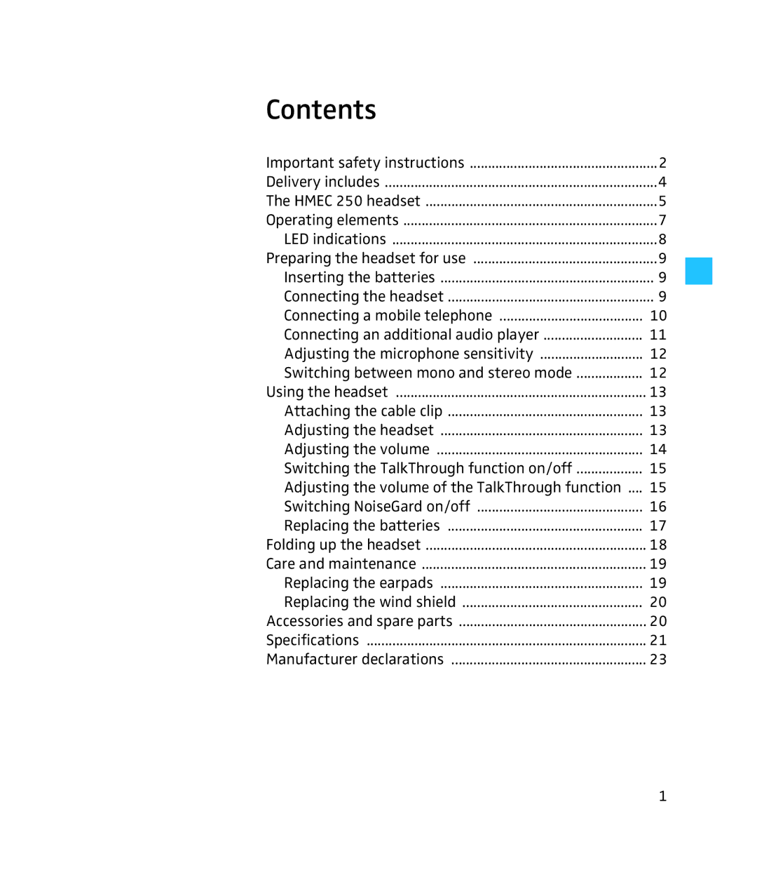 Sennheiser 250 instruction manual Contents 