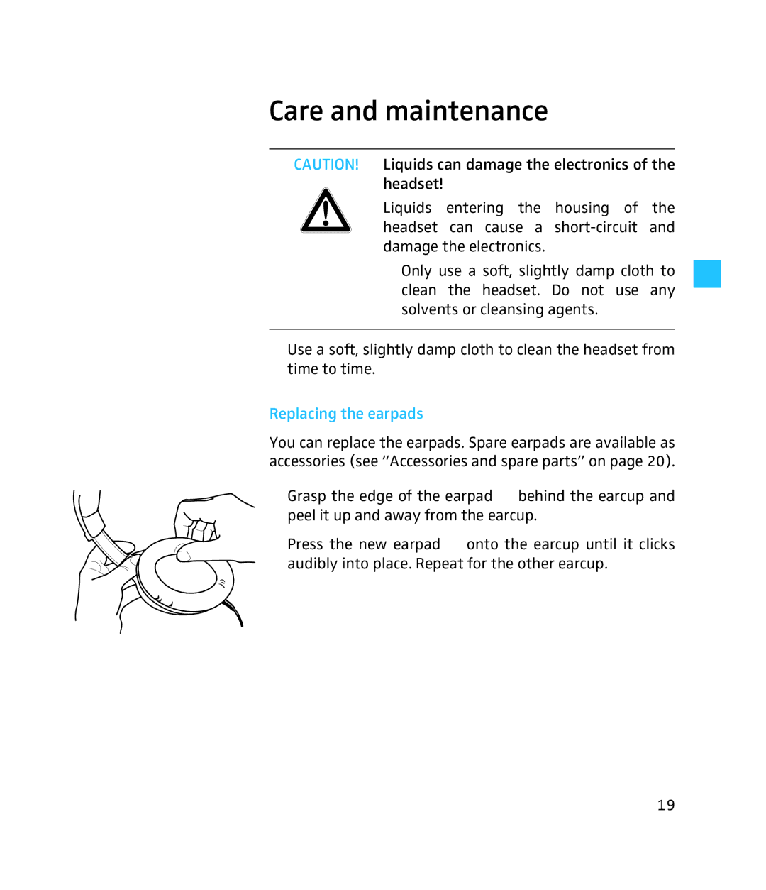 Sennheiser 250 instruction manual Care and maintenance, Replacing the earpads 