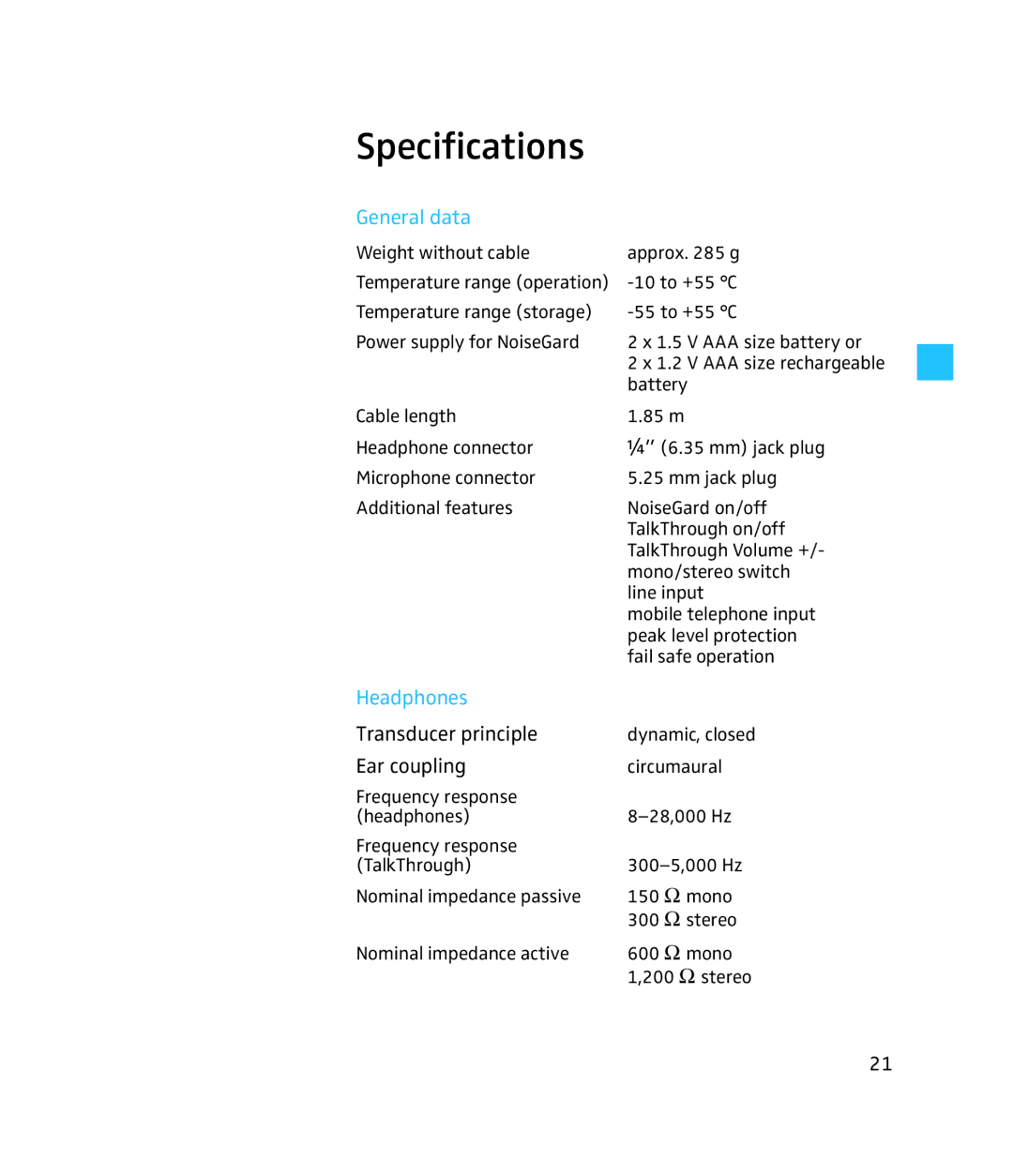 Sennheiser 250 instruction manual Specifications, General data, Headphones 