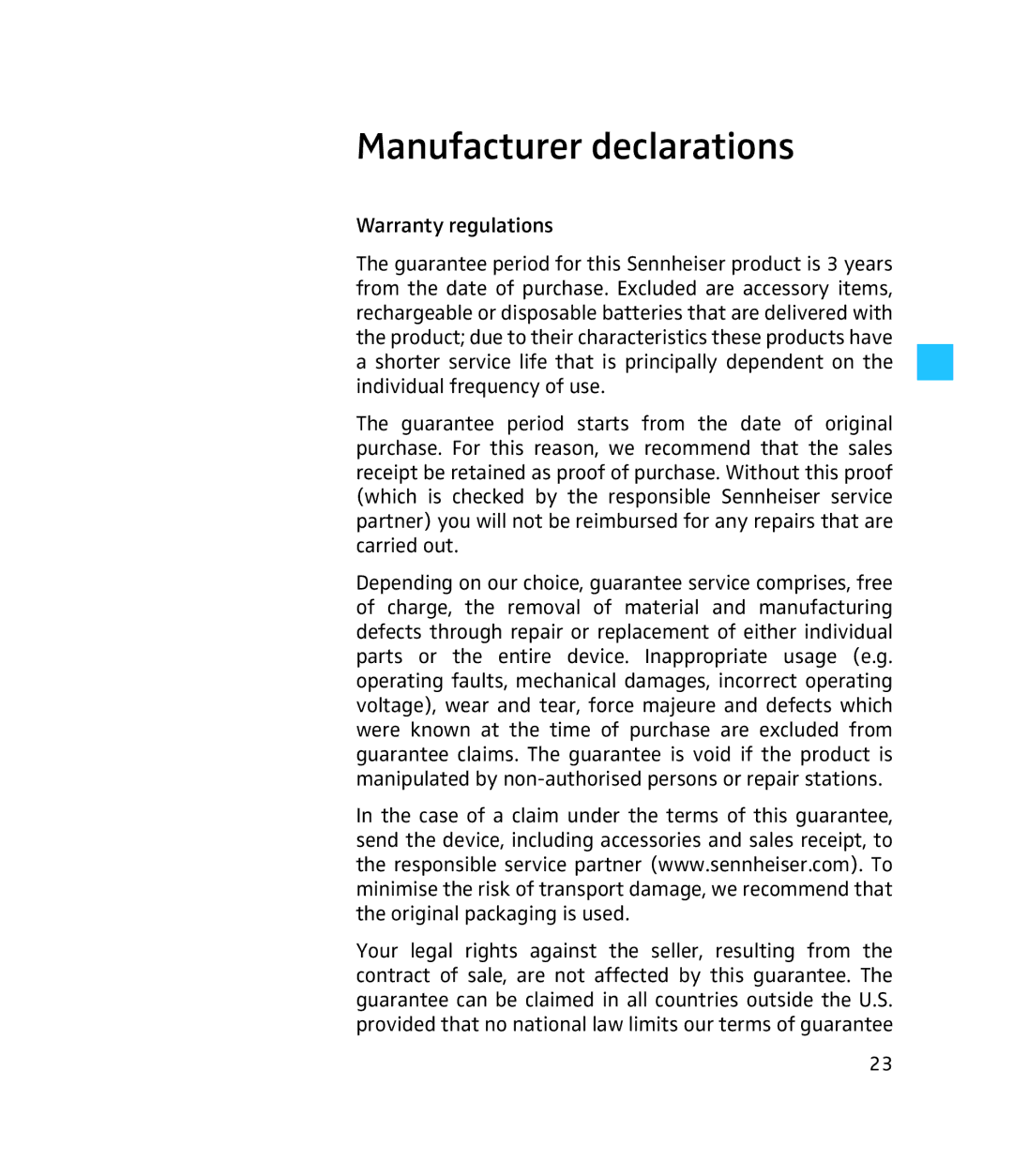 Sennheiser 250 instruction manual Manufacturer declarations 