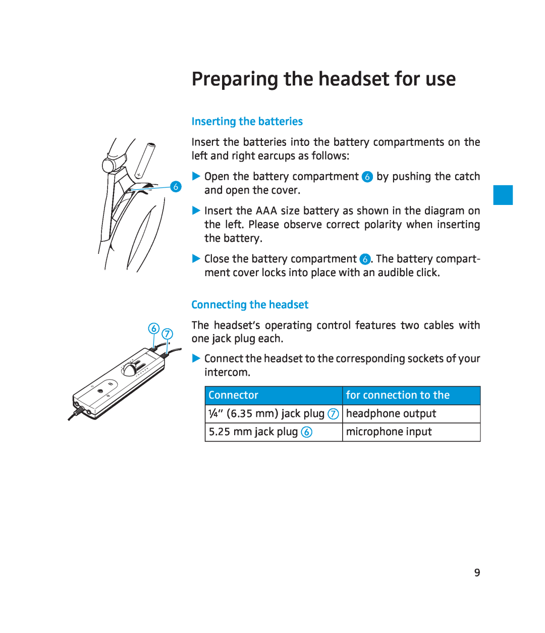 Sennheiser 250 instruction manual Preparing the headset for use, Inserting the batteries, Connecting the headset, Connector 