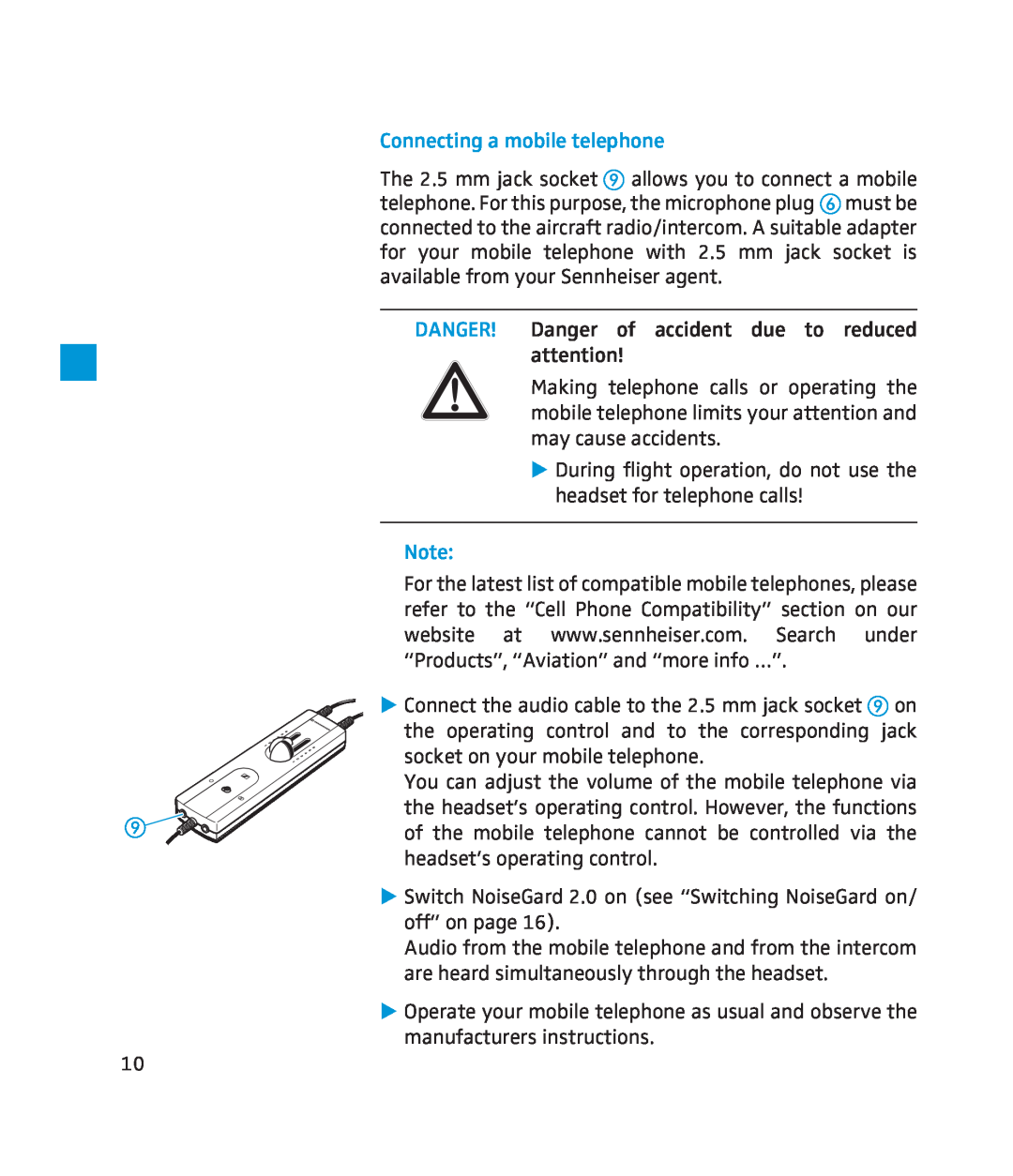 Sennheiser 250 instruction manual Connecting a mobile telephone 