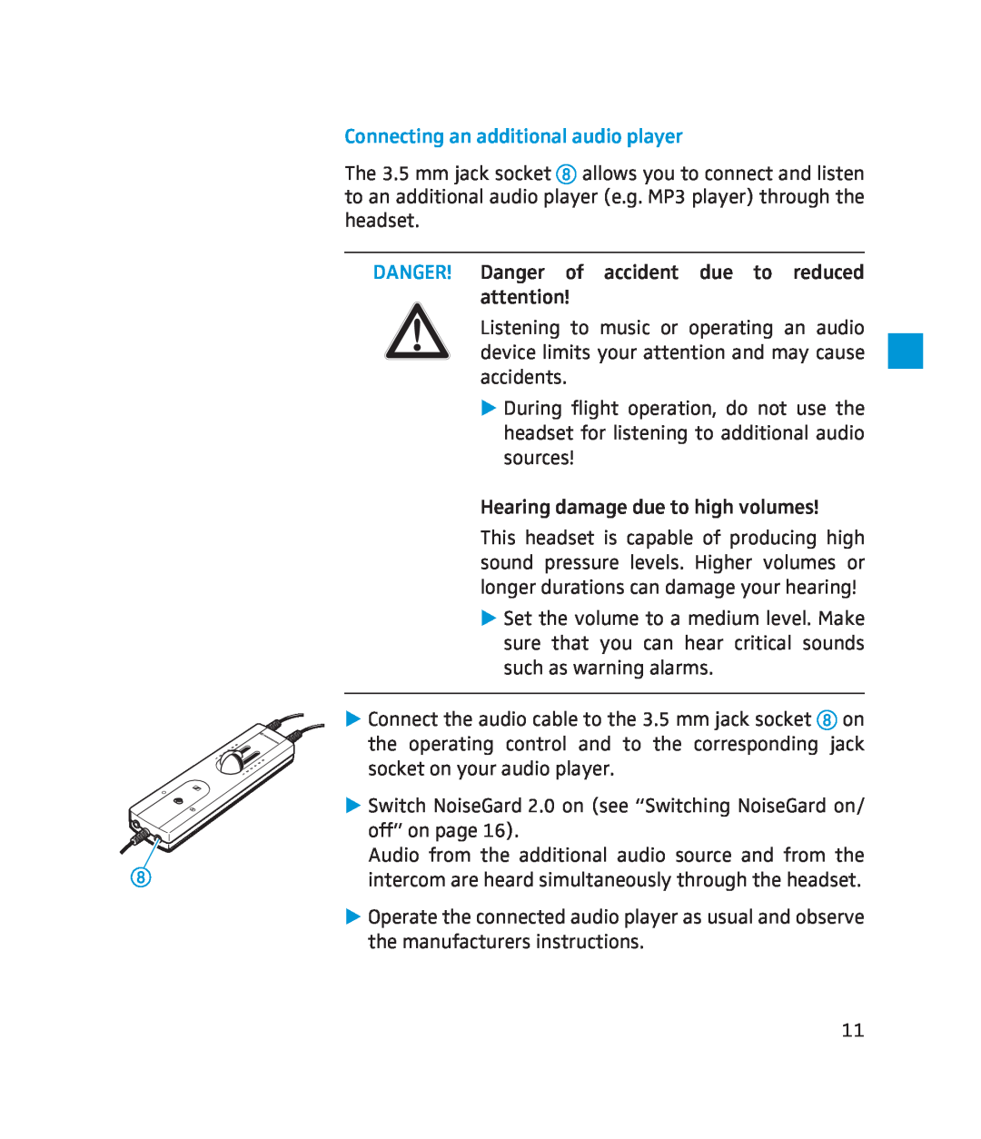 Sennheiser 250 instruction manual Connecting an additional audio player, Hearing damage due to high volumes 