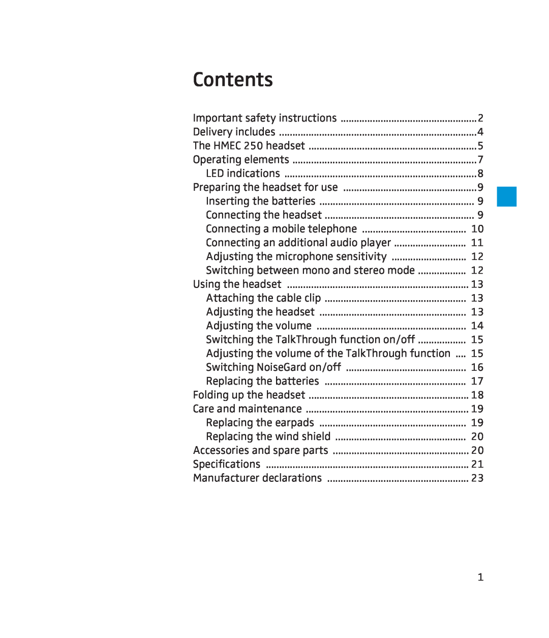 Sennheiser 250 instruction manual Contents 