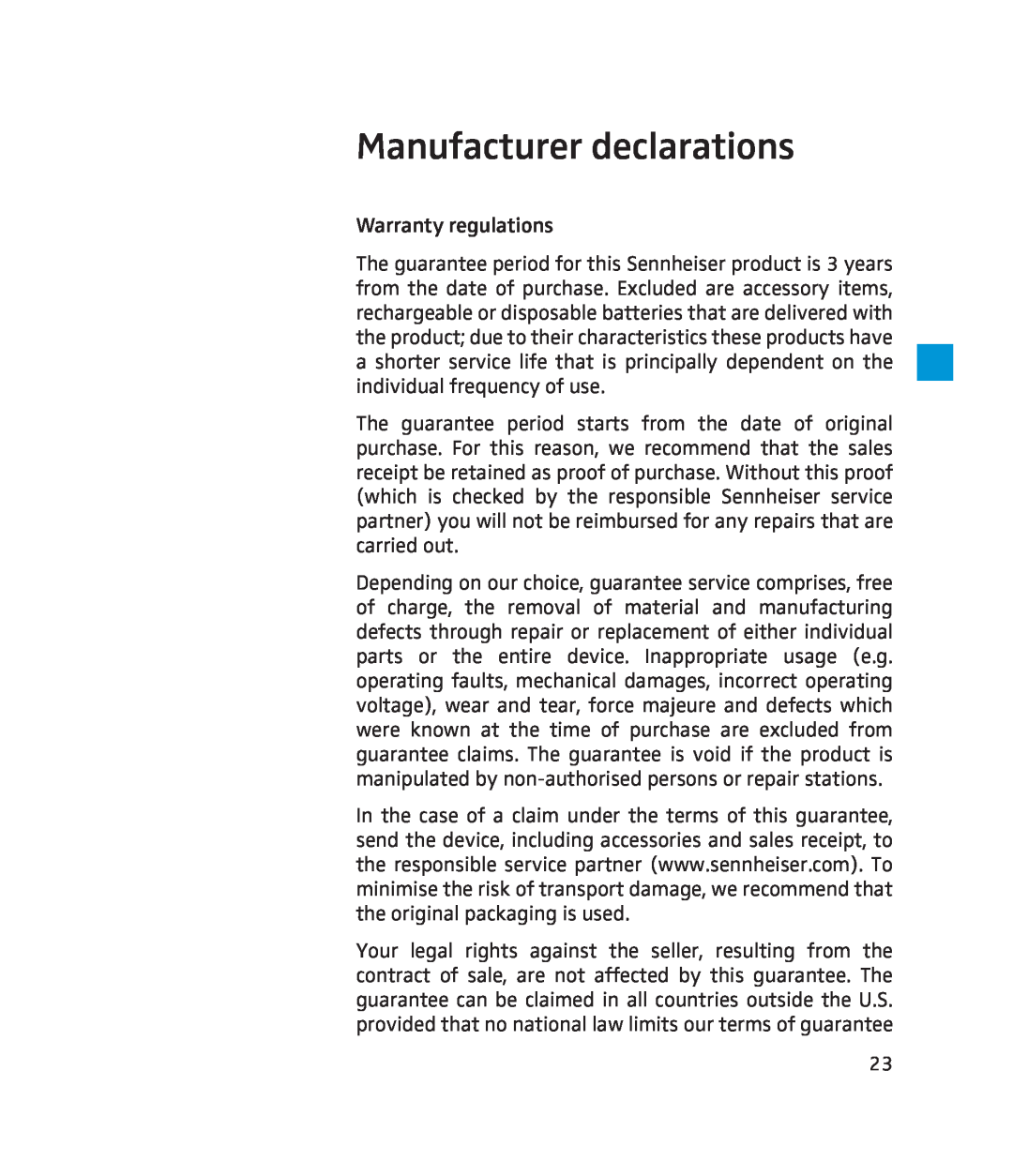 Sennheiser 250 instruction manual Manufacturer declarations 