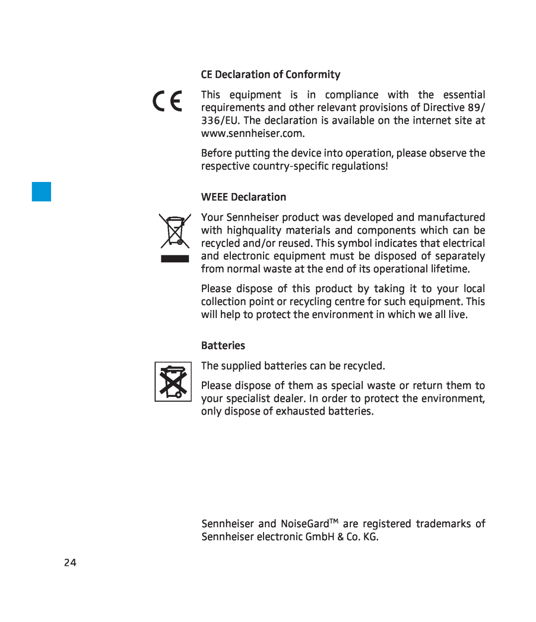 Sennheiser 250 instruction manual CE Declaration of Conformity 