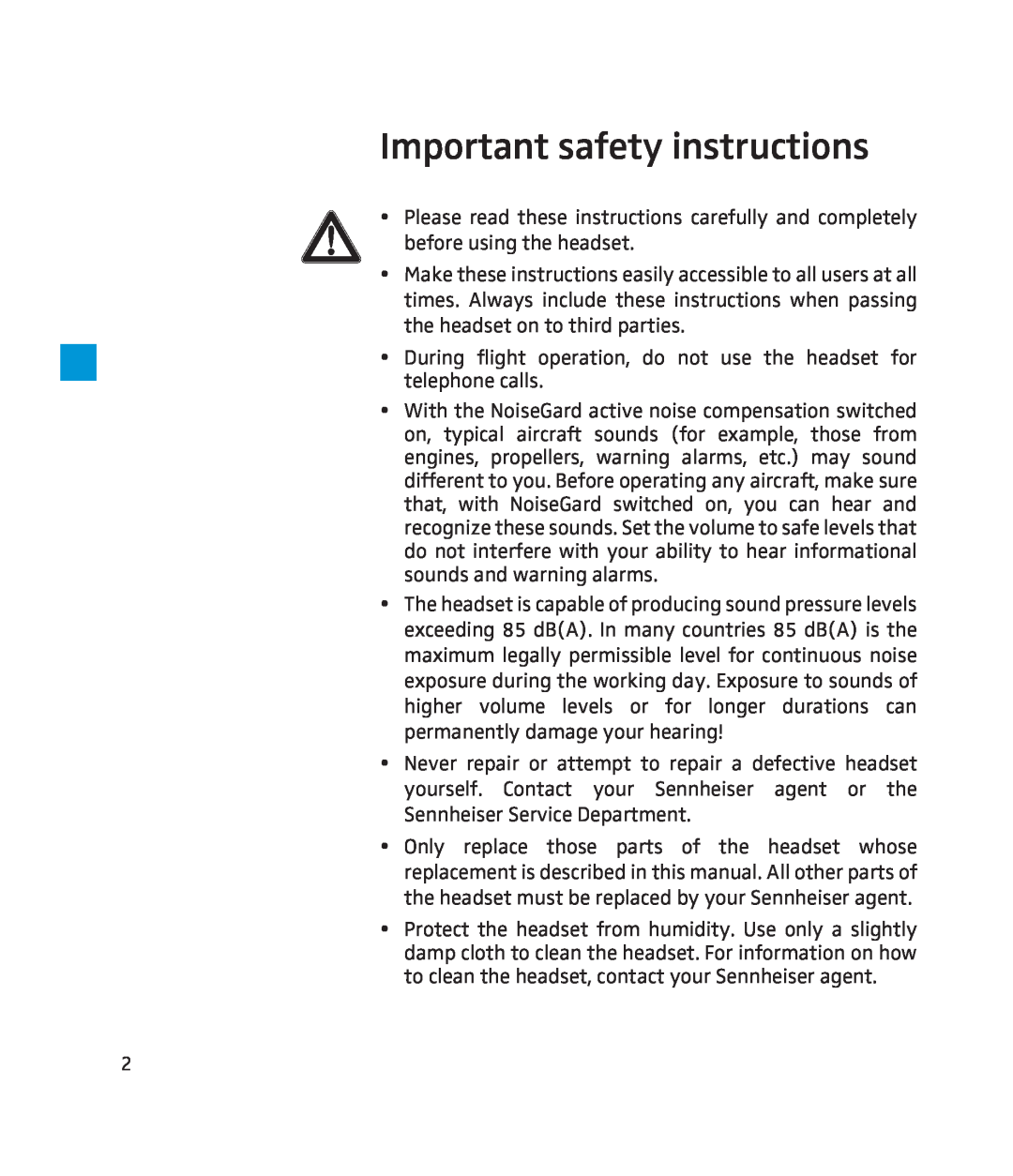 Sennheiser 250 instruction manual Important safety instructions 