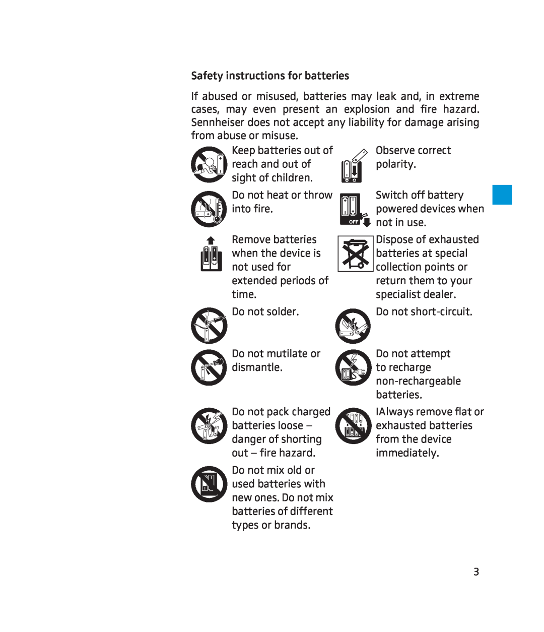 Sennheiser 250 instruction manual Safety instructions for batteries 