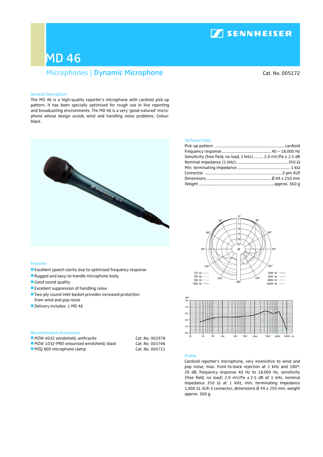 Sennheiser 16948991, 2690443 dimensions Microphones Dynamic Microphone, Cat. No 