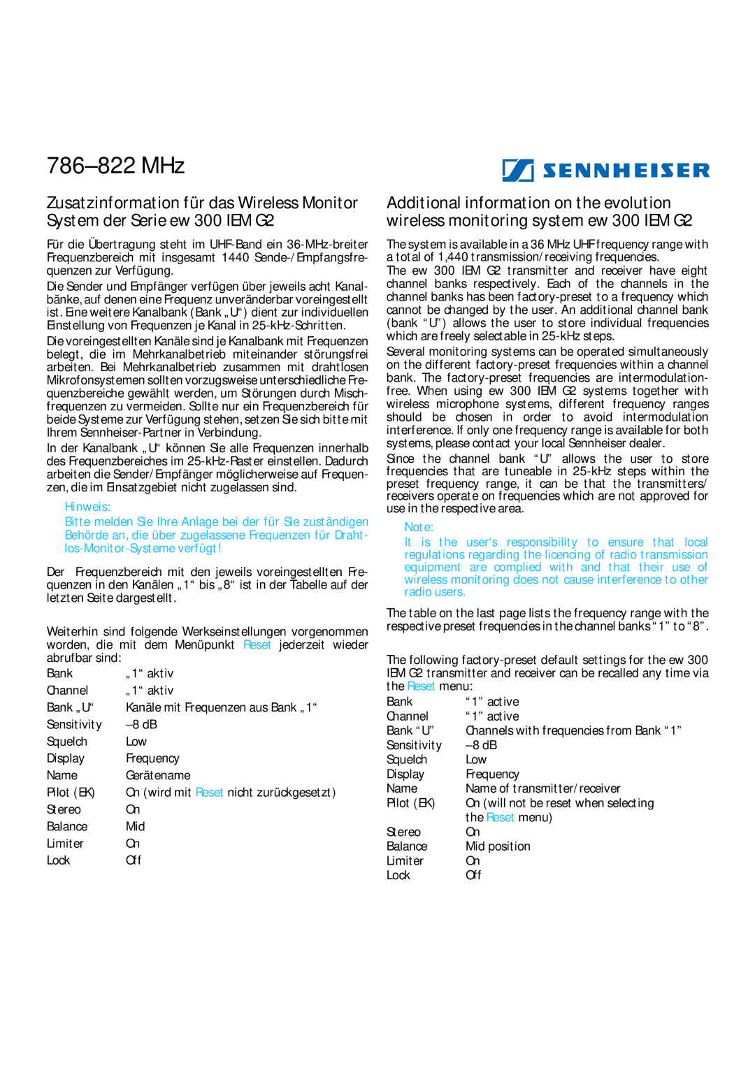 Sennheiser 300 IEM G2 manual 786-822 MHz 