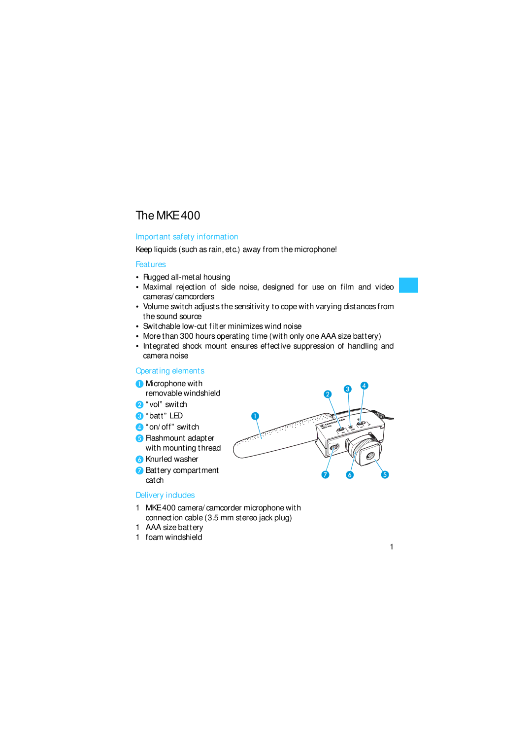 Sennheiser 400 manual Important safety information, Features, Operating elements, Delivery includes 