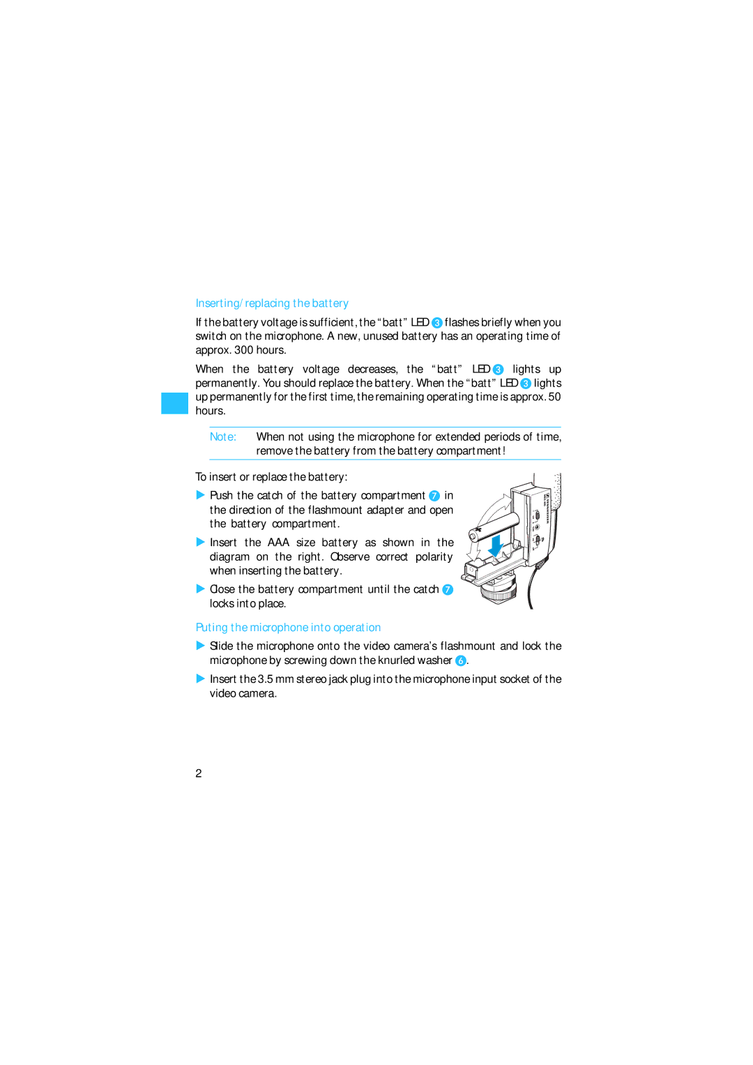 Sennheiser 400 manual Inserting/replacing the battery, Puting the microphone into operation 