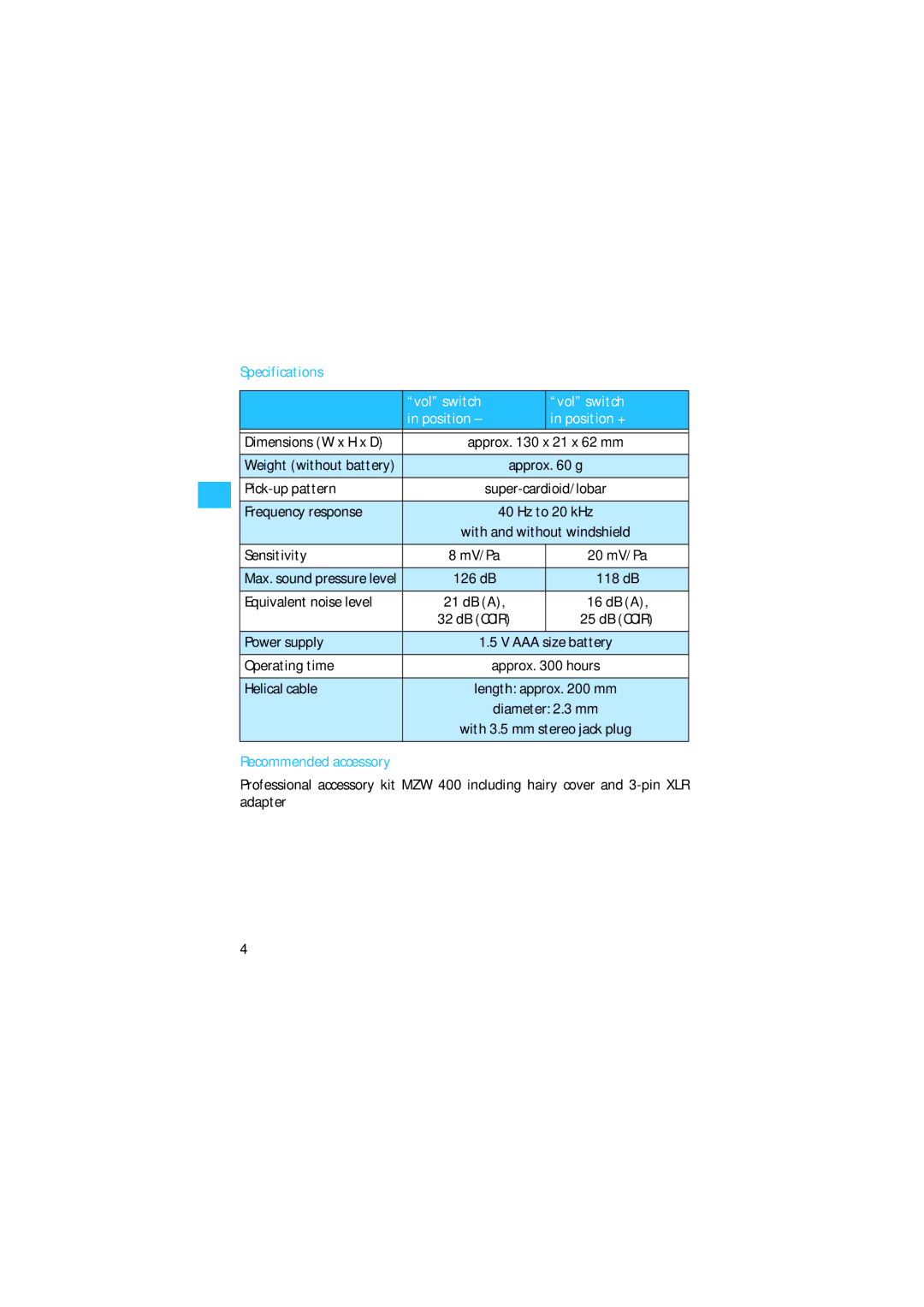 Sennheiser 400 manual Specifications, Recommended accessory 