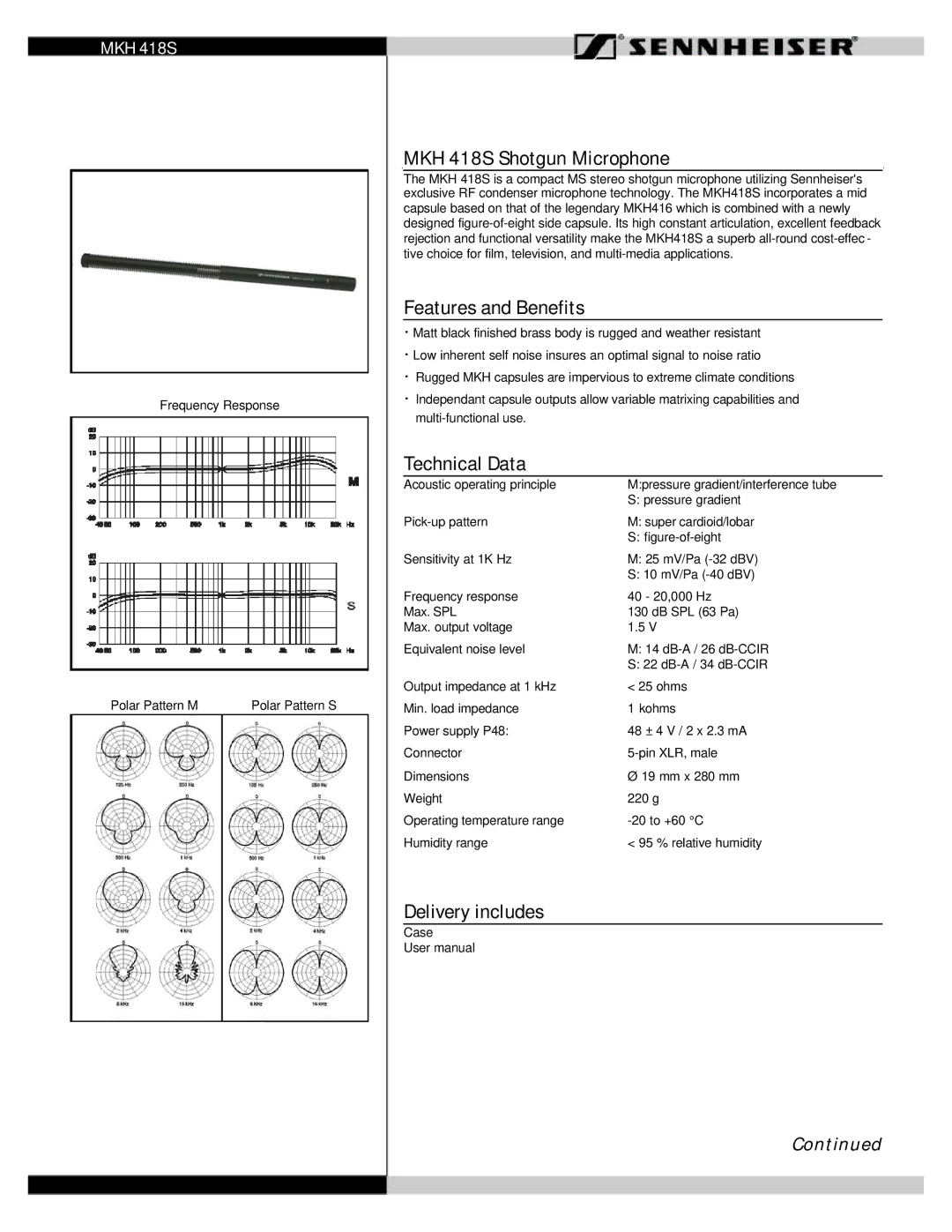 Sennheiser user manual MKH 418S Shotgun Microphone, Features and Benefits, Technical Data, Delivery includes 