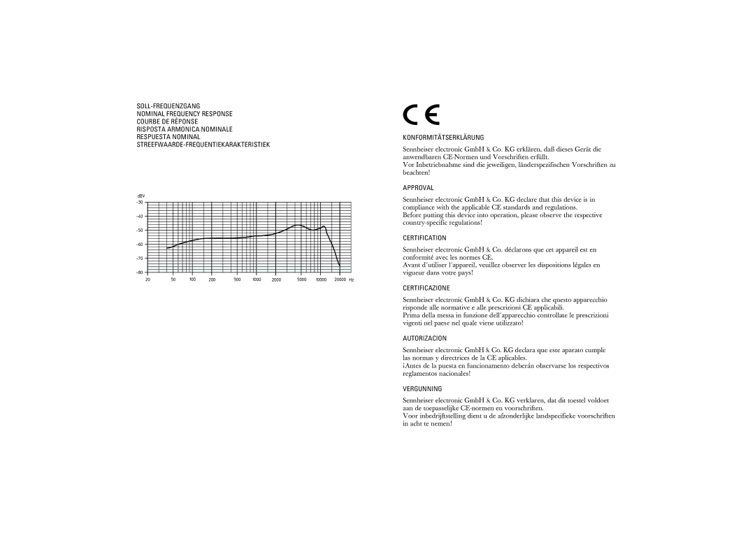 Sennheiser 46 Soll-Frequenzgang, Konformitätserklärung, Approval, Certification, Certificazione, Autorizacion, Vergunning 