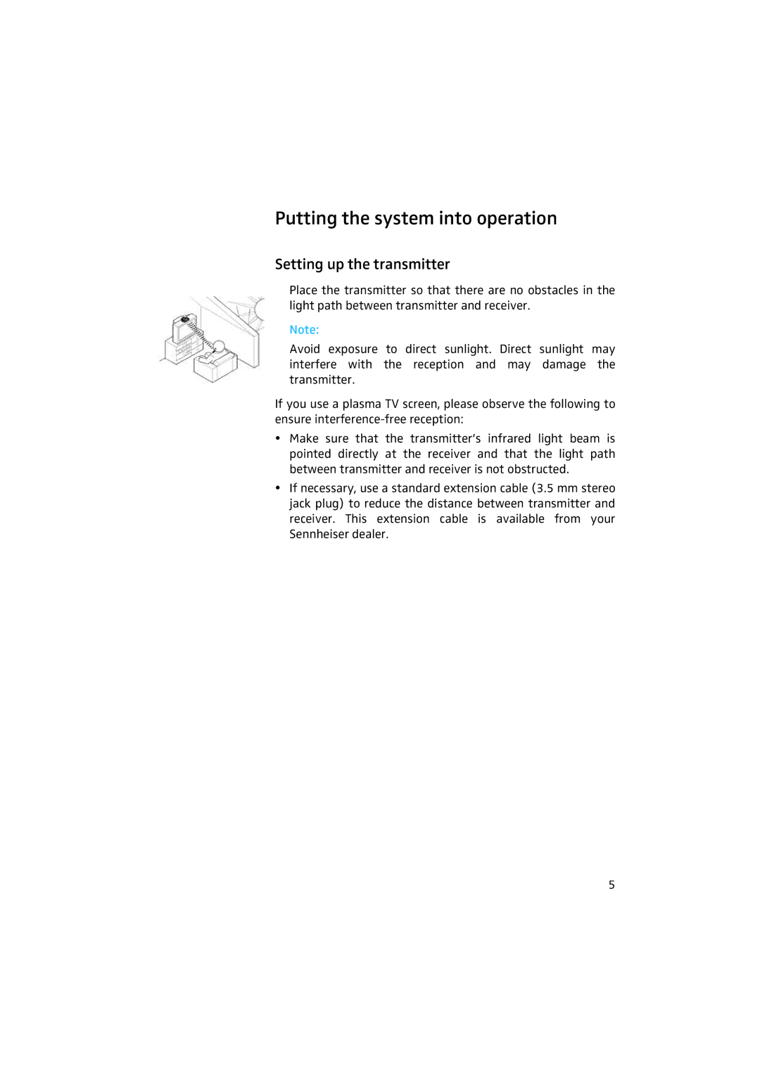 Sennheiser 50 manual Putting the system into operation, Setting up the transmitter 