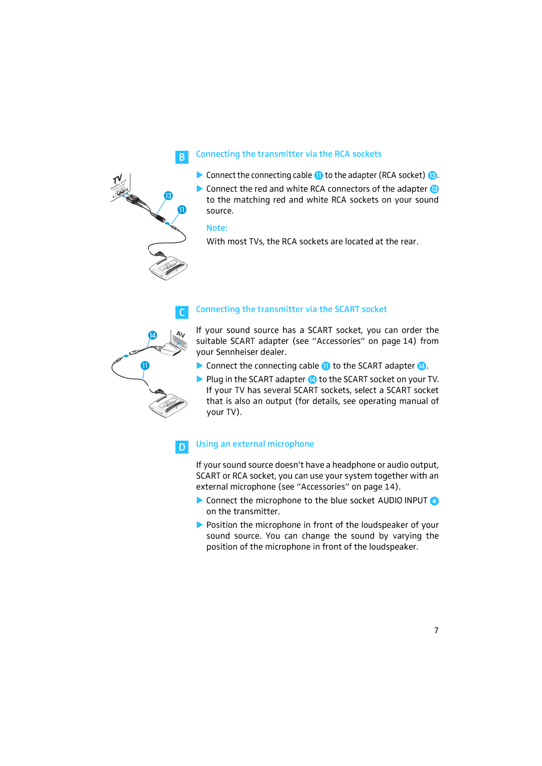 Sennheiser 50 manual Connecting the transmitter via the RCA sockets, Connecting the transmitter via the Scart socket 