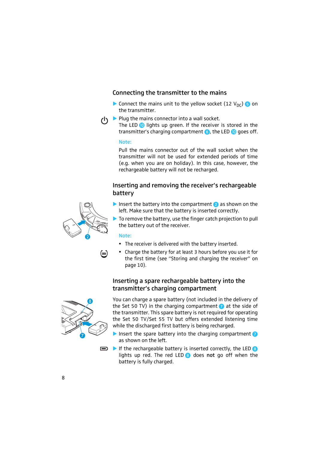 Sennheiser 50 manual Connecting the transmitter to the mains, Inserting and removing the receiver’s rechargeable battery 