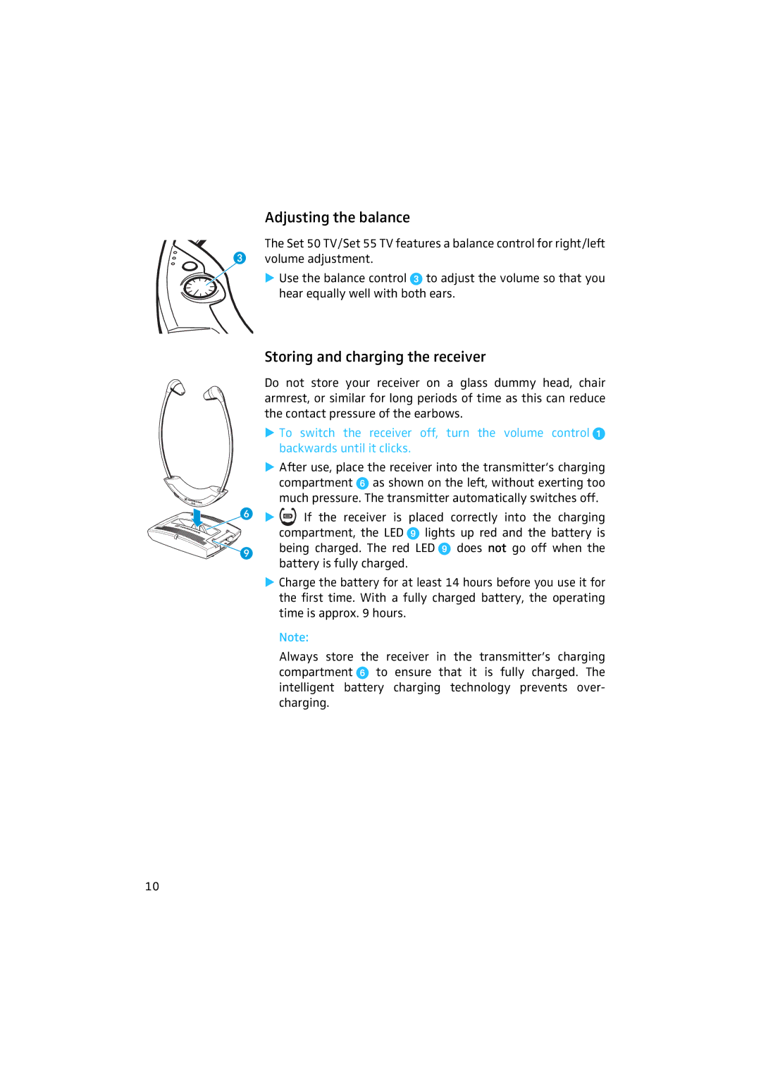 Sennheiser 50 manual Adjusting the balance, Storing and charging the receiver 