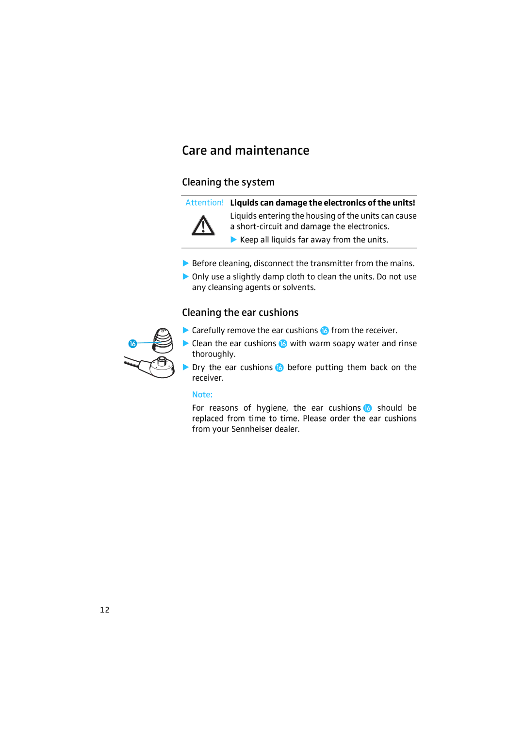 Sennheiser 50 manual Care and maintenance, Cleaning the system, Cleaning the ear cushions 