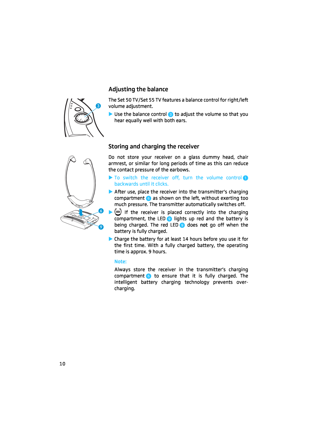 Sennheiser 50 manual Adjusting the balance, Storing and charging the receiver 