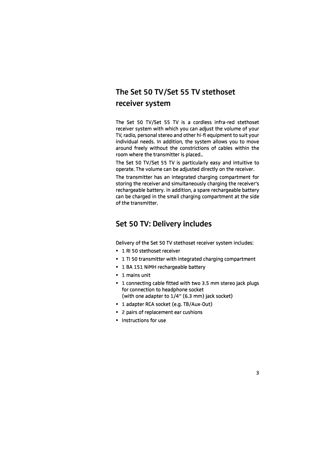 Sennheiser manual The Set 50 TV/Set 55 TV stethoset receiver system, Set 50 TV Delivery includes 