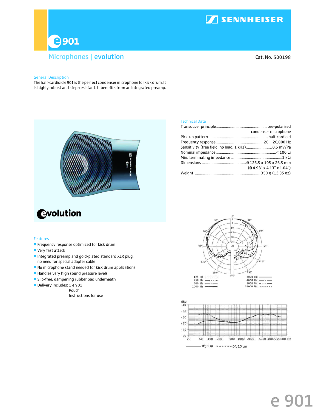 Sennheiser 500198 dimensions Microphones evolution, Cat. No, General Description, Technical Data, Features 