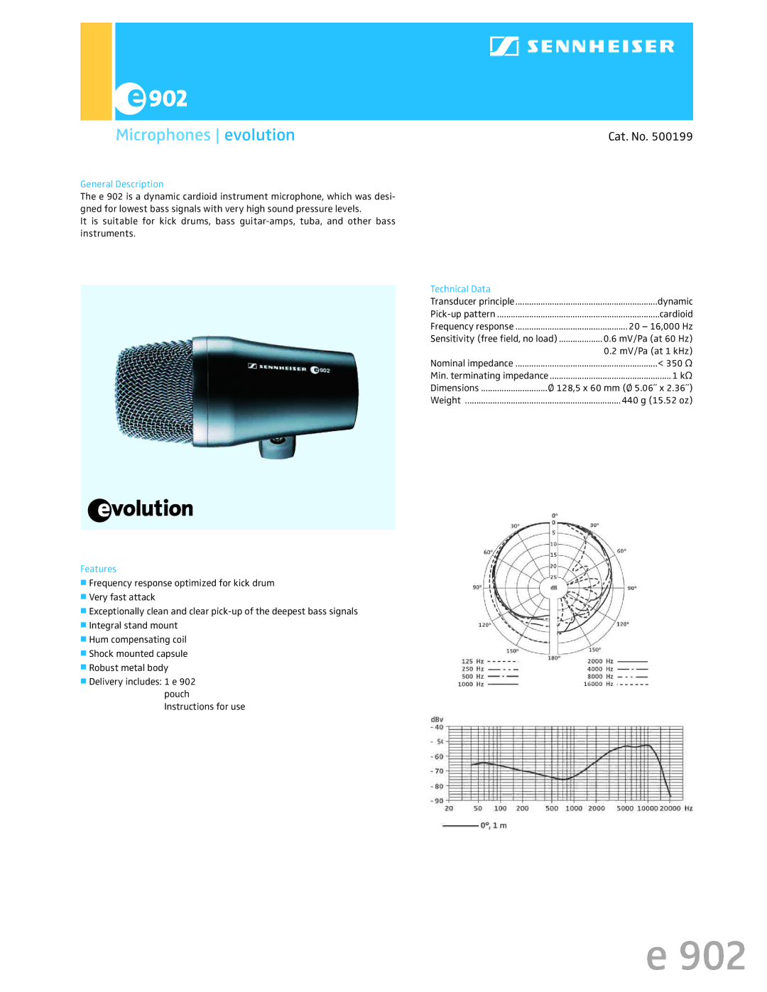 Sennheiser 500199 dimensions Microphones evolution, Cat. No, General Description, Technical Data, Features 