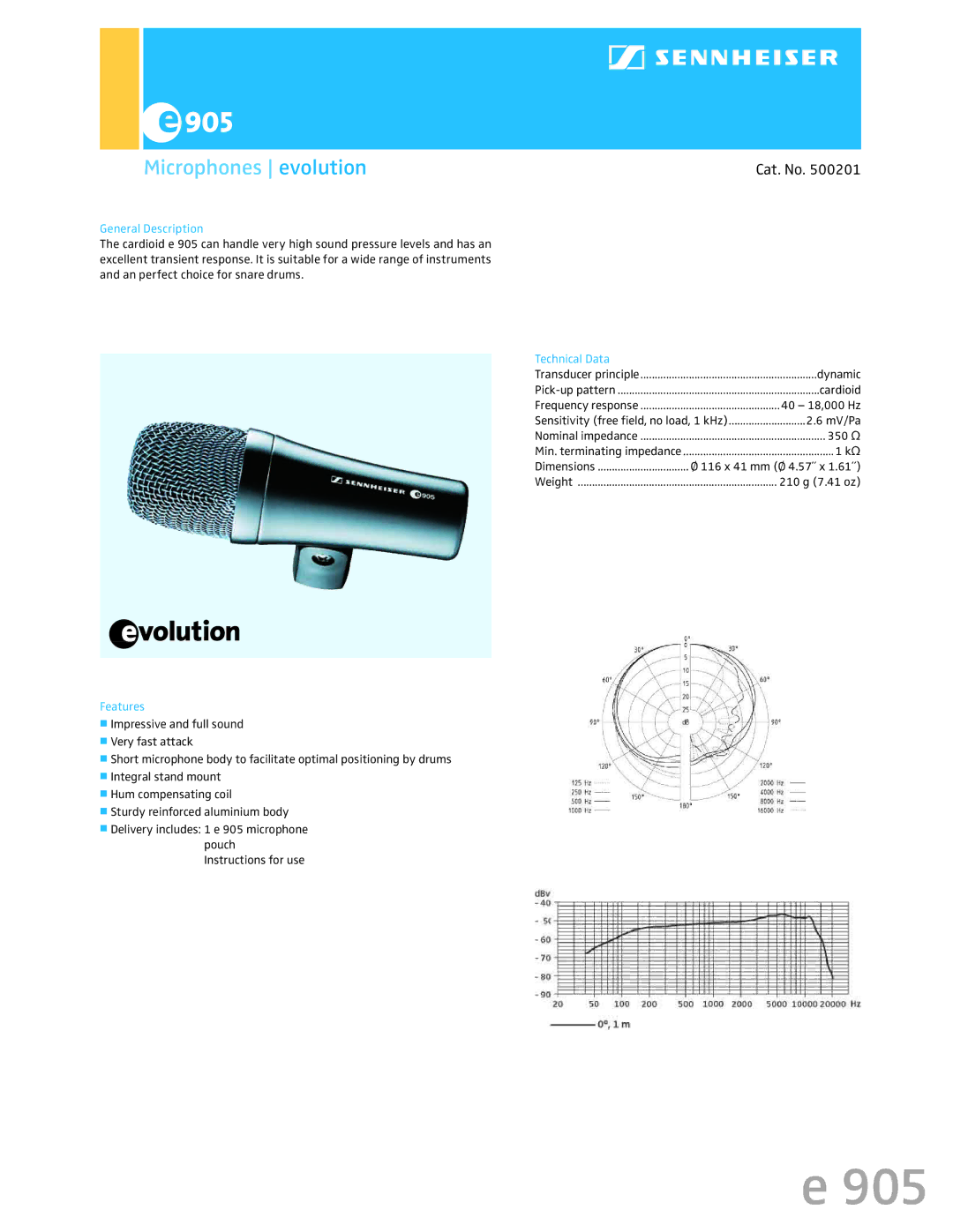 Sennheiser 500201 dimensions Microphones evolution, Cat. No, General Description, Technical Data, Features 