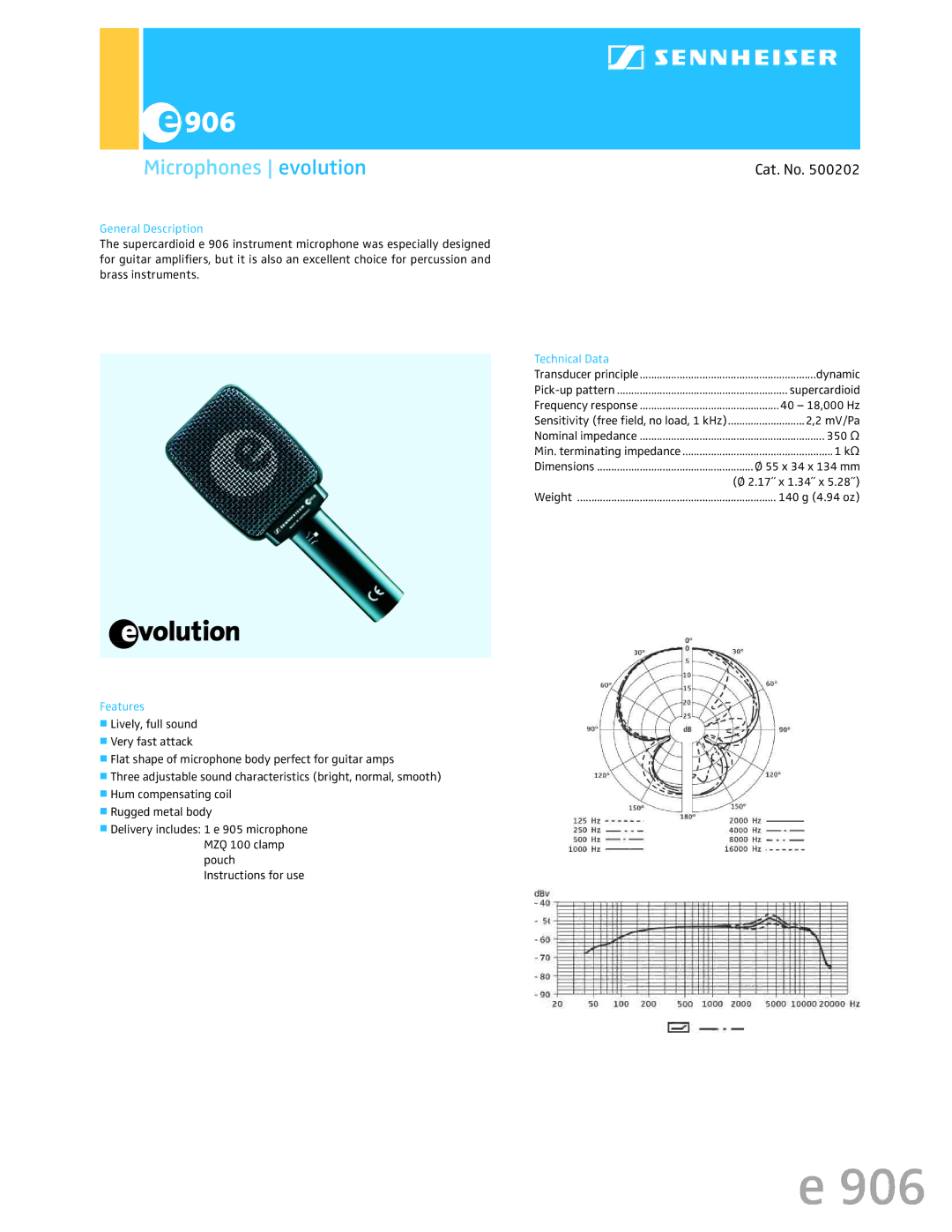 Sennheiser 500202 dimensions Microphones evolution, Cat. No, General Description, Technical Data, Features 