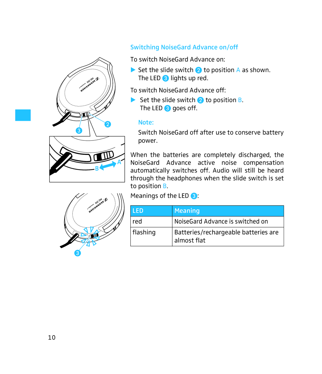 Sennheiser 500371 instruction manual Switching NoiseGard Advance on/off, Led 