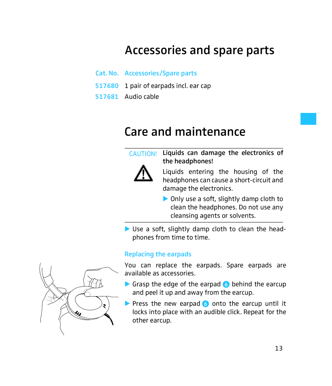 Sennheiser 500371 instruction manual Accessories and spare parts, Care and maintenance, Cat. No. Accessories/Spare parts 