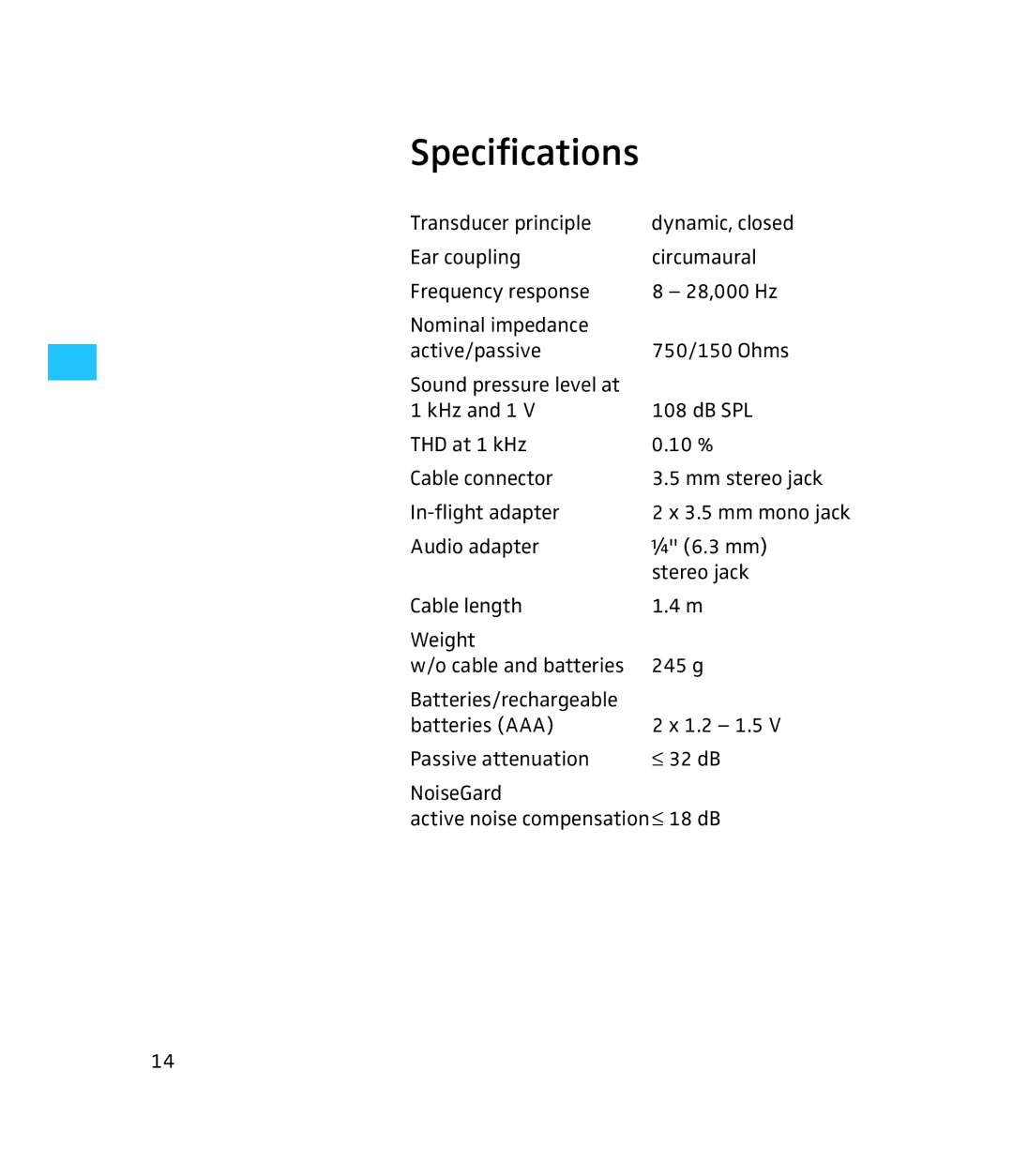 Sennheiser 500371 instruction manual Specifications 