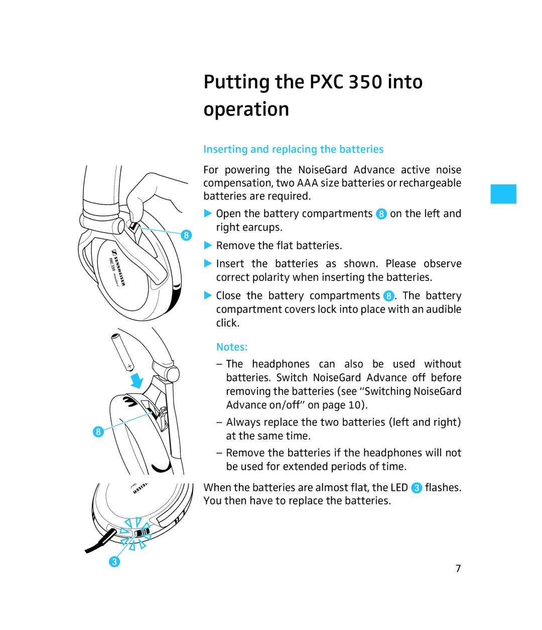 Sennheiser 500371 instruction manual Putting the PXC 350 into operation, Inserting and replacing the batteries 