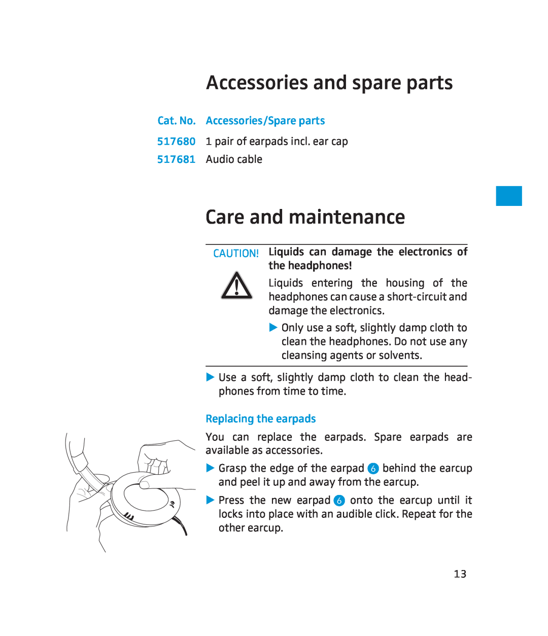 Sennheiser 500371 instruction manual Accessories and spare parts, Care and maintenance, Cat. No. Accessories/Spare parts 