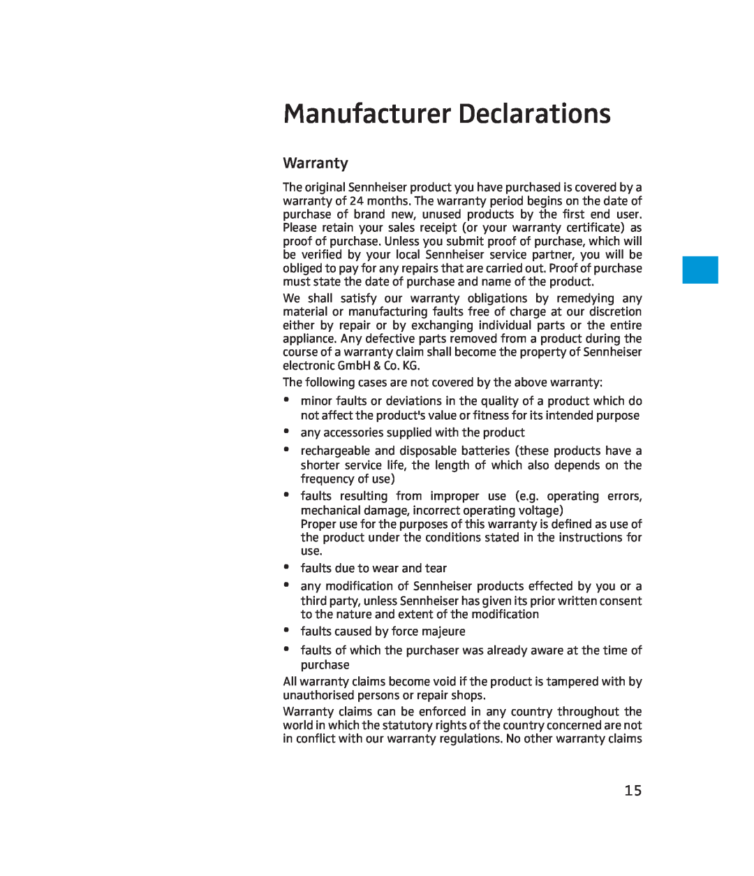 Sennheiser 500371 instruction manual Manufacturer Declarations, Warranty 