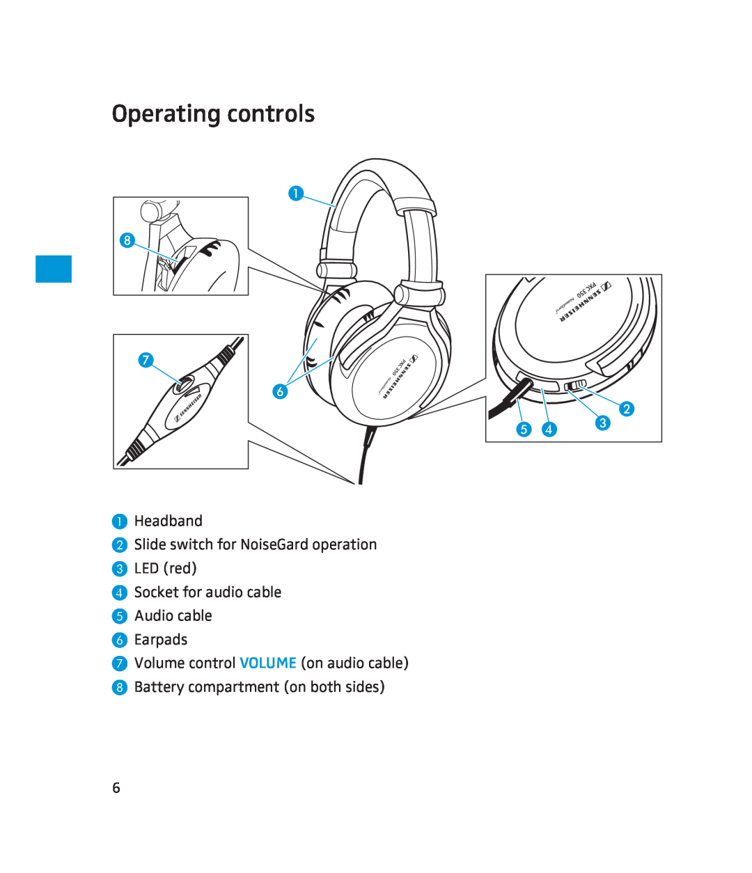 Sennheiser 500371 Operating controls, Headband Slide switch for NoiseGard operation, Battery compartment on both sides 