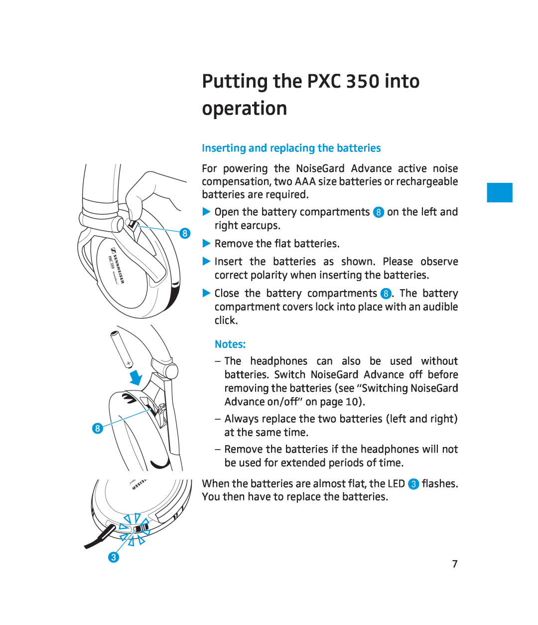 Sennheiser 500371 instruction manual Putting the PXC 350 into operation, Inserting and replacing the batteries 