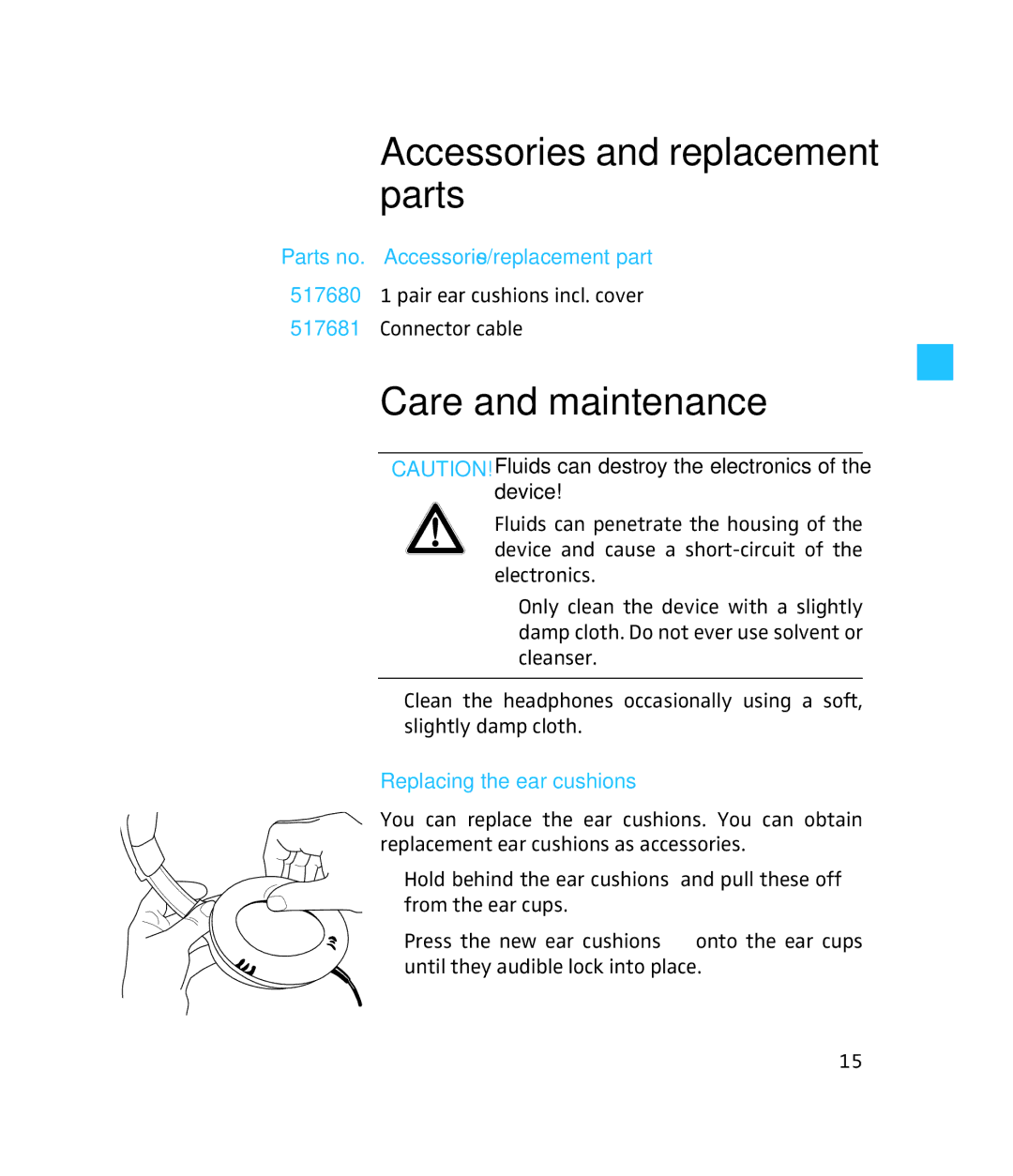 Sennheiser 500643 Accessories and replacement parts, Care and maintenance, Parts no. Accessories/replacement part 