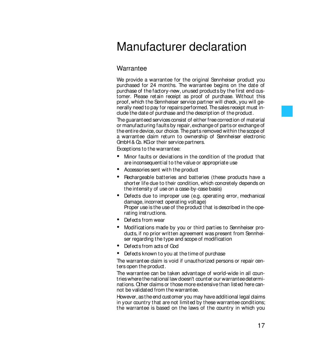 Sennheiser 500643 instruction manual Manufacturer declaration, Warrantee 