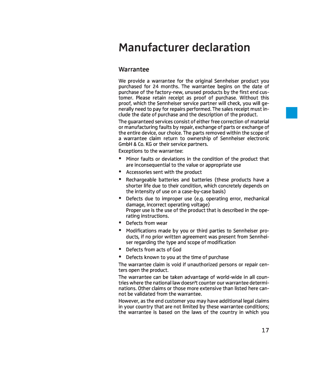 Sennheiser 500643 instruction manual Manufacturer declaration, Warrantee 
