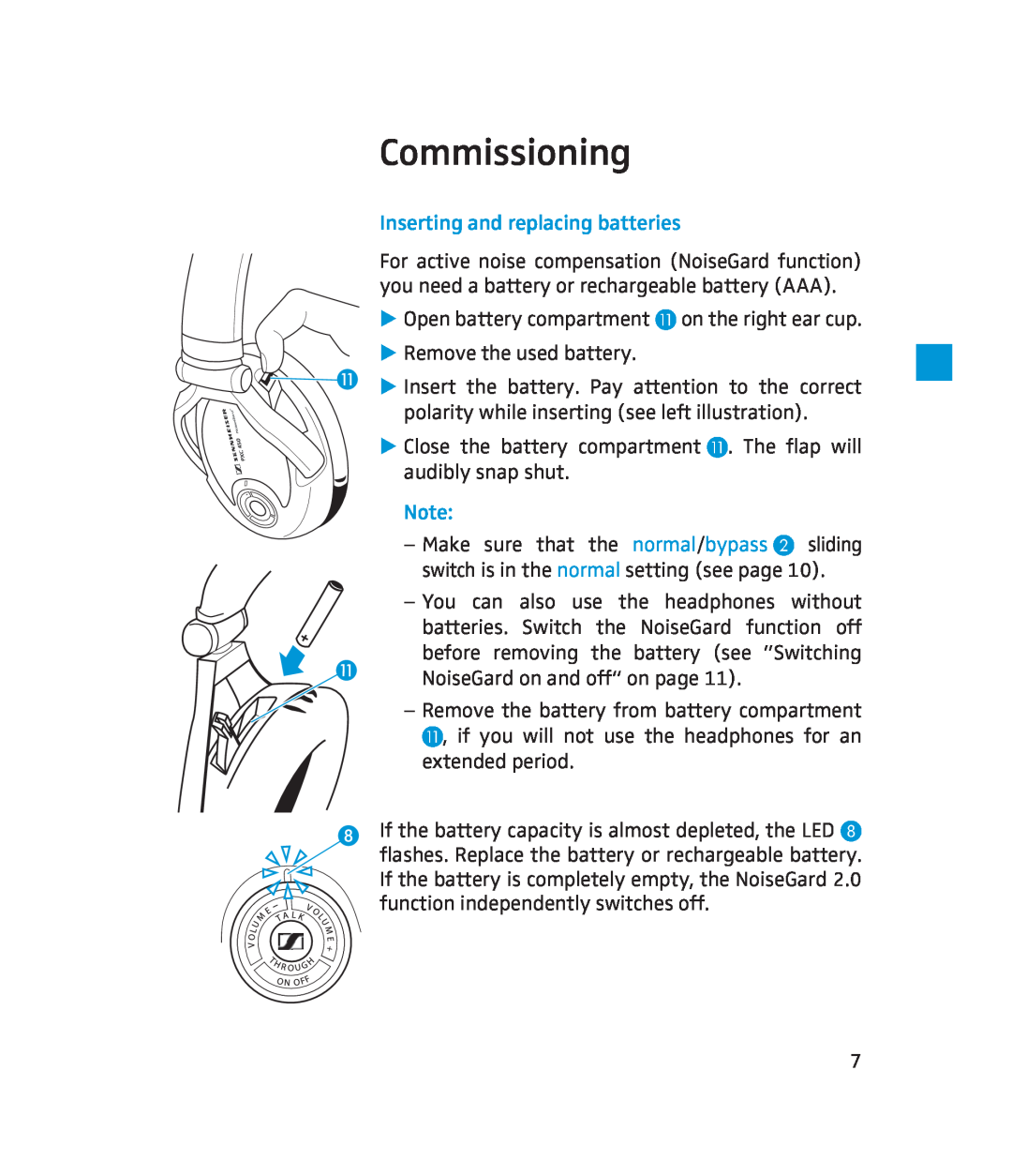 Sennheiser 500643 instruction manual Commissioning, Inserting and replacing batteries, Make sure that the normal/bypass 