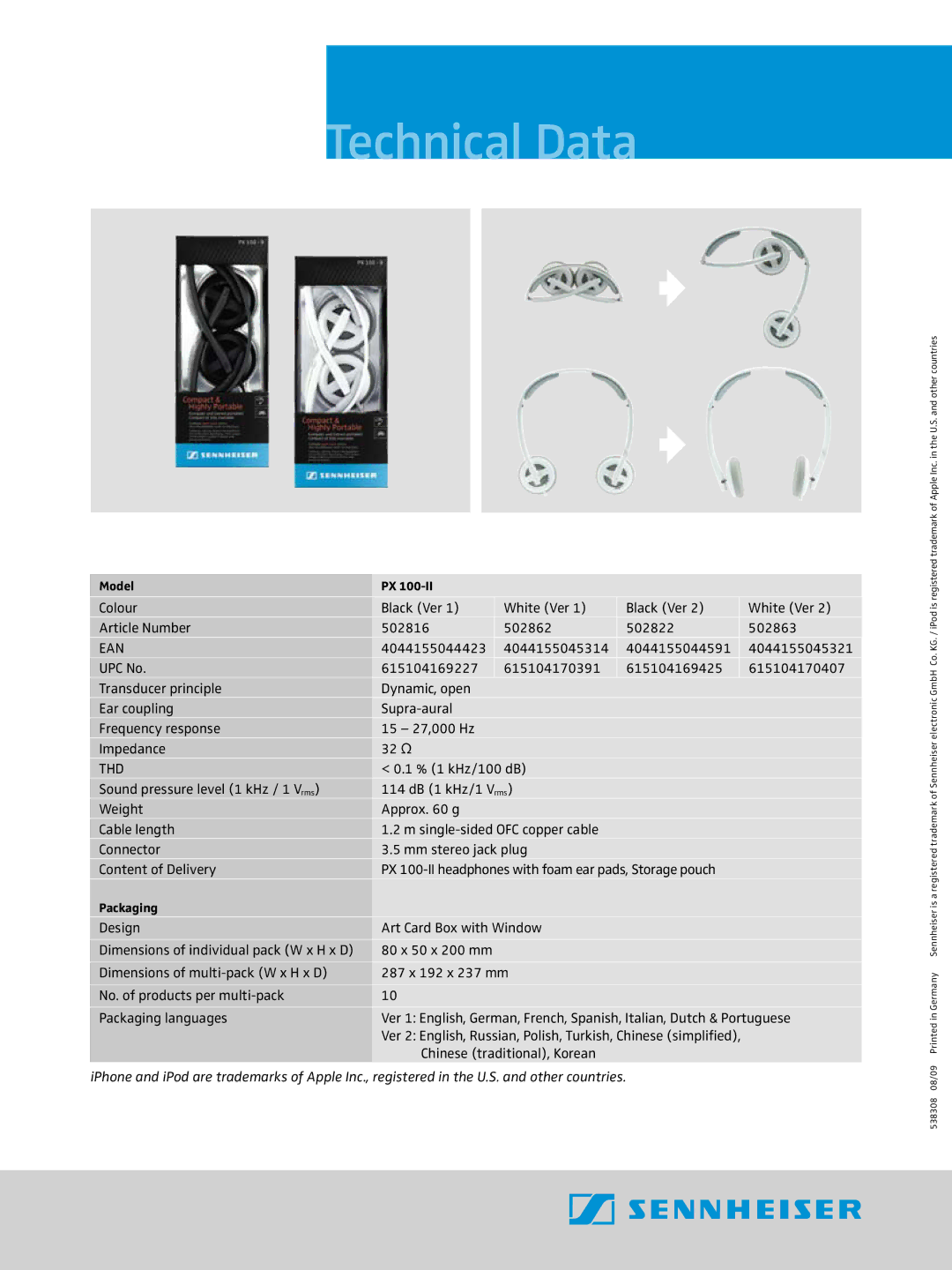 Sennheiser 502816 manual Technical Data, Ean, Thd 