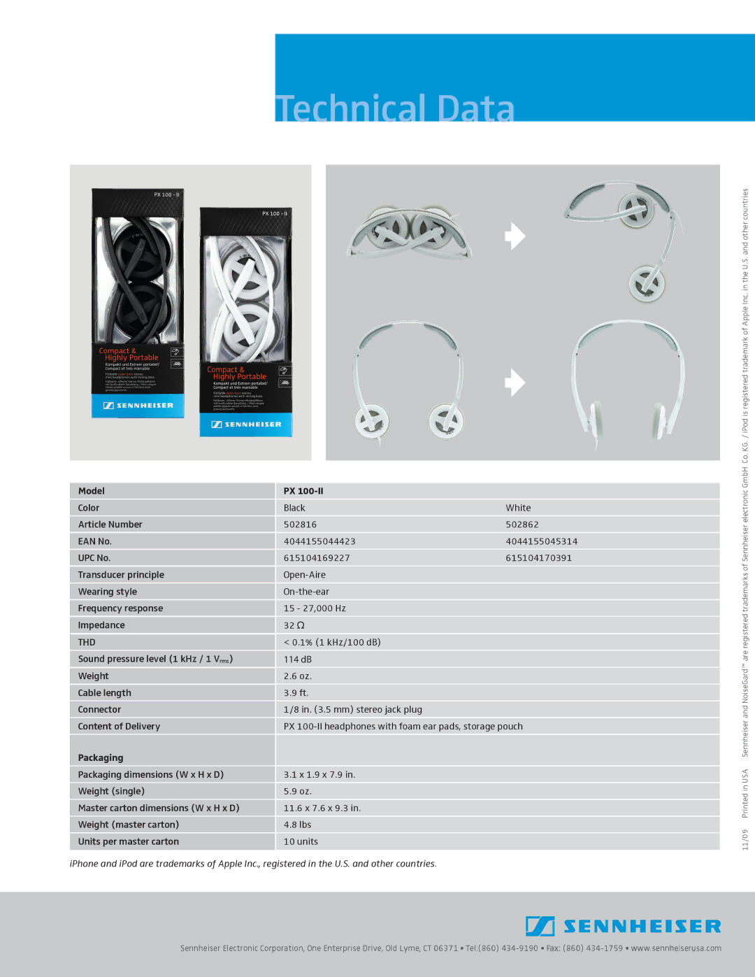 Sennheiser 502862, 502816 manual Technical Data, Model, Thd, Packaging 